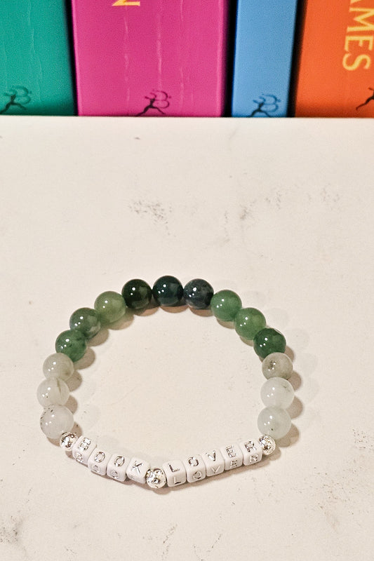 Book Lover Gemstone Bracelet – Jade, Moss Agate & Green Aventurine | Handmade Bookish Jewelry