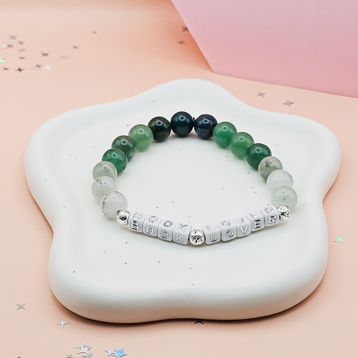 Book Lover Gemstone Bracelet – Jade, Moss Agate & Green Aventurine | Handmade Bookish Jewelry