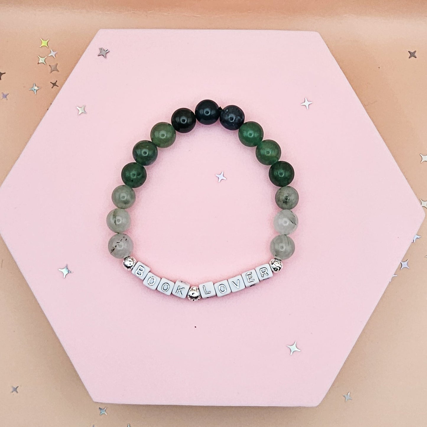 Book Lover Gemstone Bracelet – Jade, Moss Agate & Green Aventurine | Handmade Bookish Jewelry