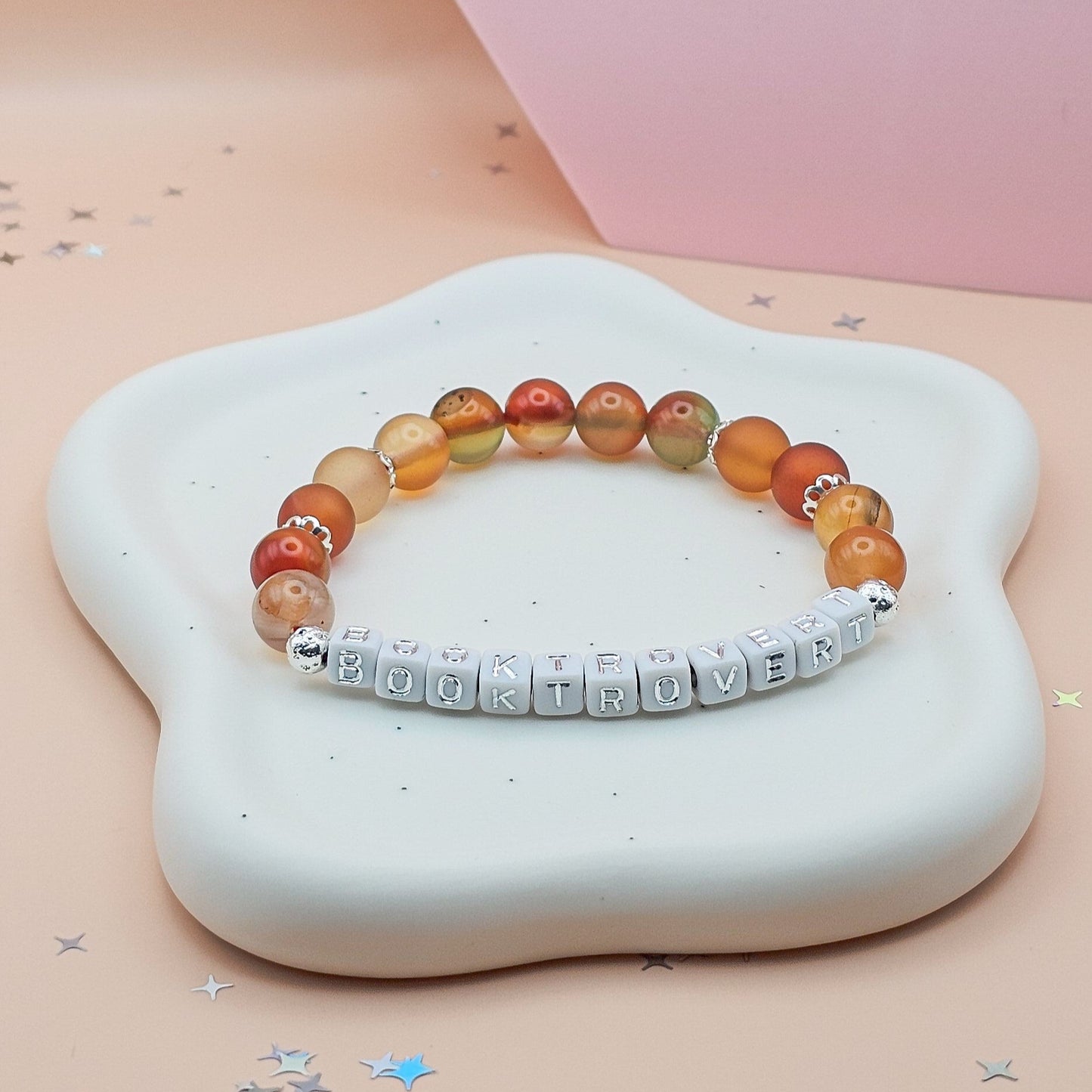 Booktrovert Gemstone Bracelet – Matte Carnelian, Flower Quartz & Peacock Agate