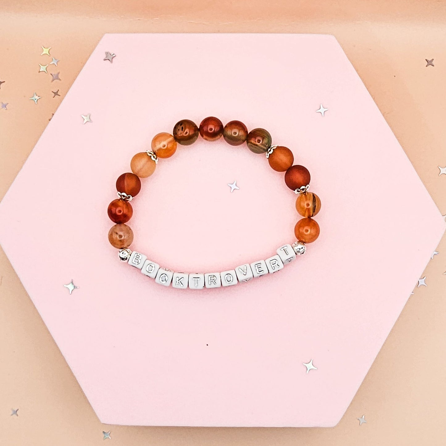 Booktrovert Gemstone Bracelet – Matte Carnelian, Flower Quartz & Peacock Agate