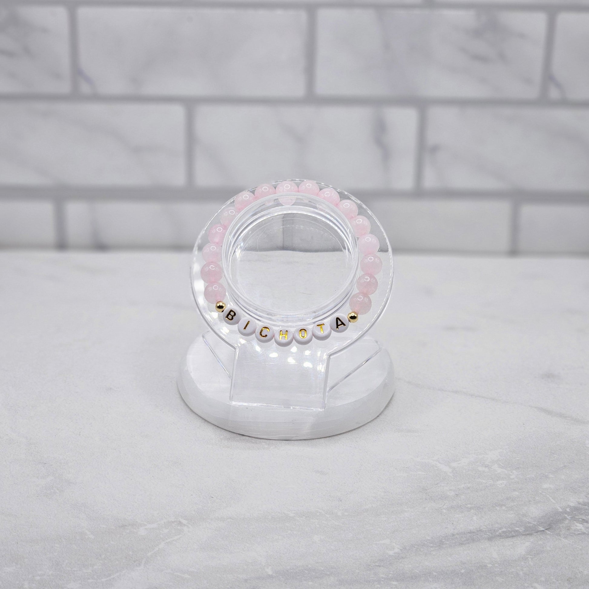 Bichota Rose Quartz Beaded Word Bracelet | Stackable Beaded Stretch Bracelet | Braceliss