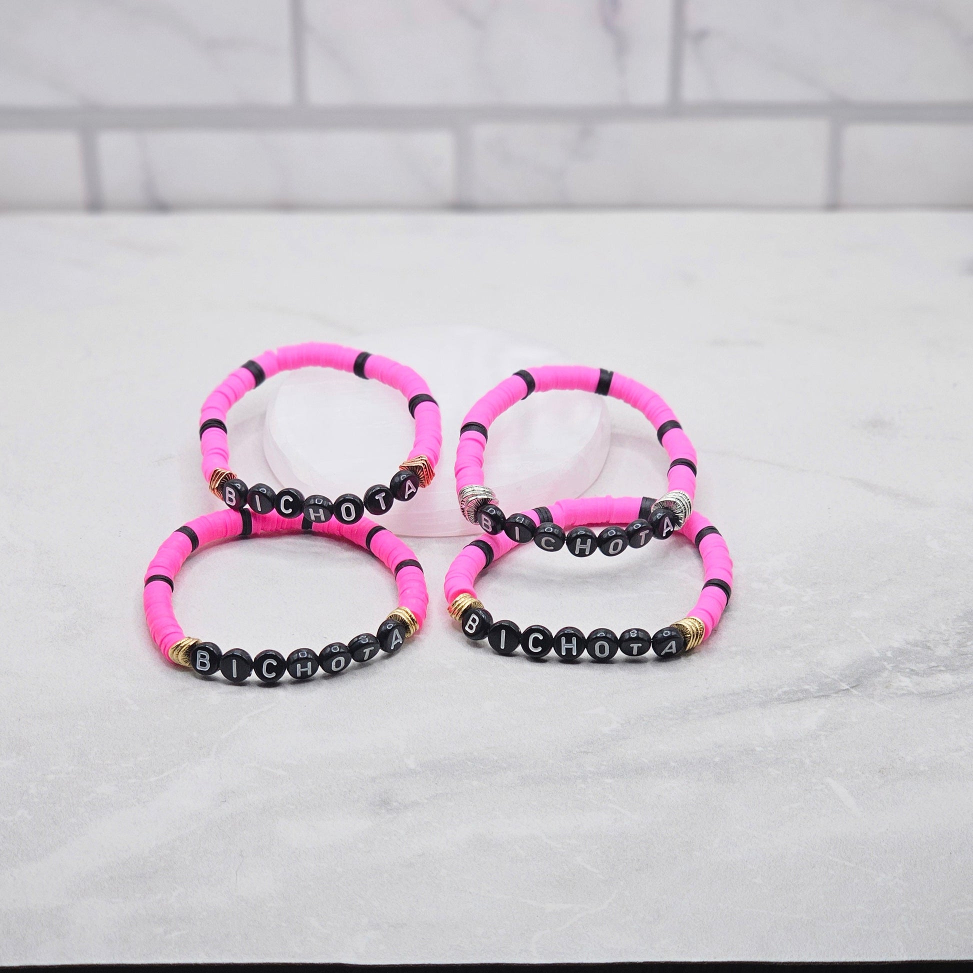 Bichota Hot Pink & Black Beaded Word Bracelets - Braceliss