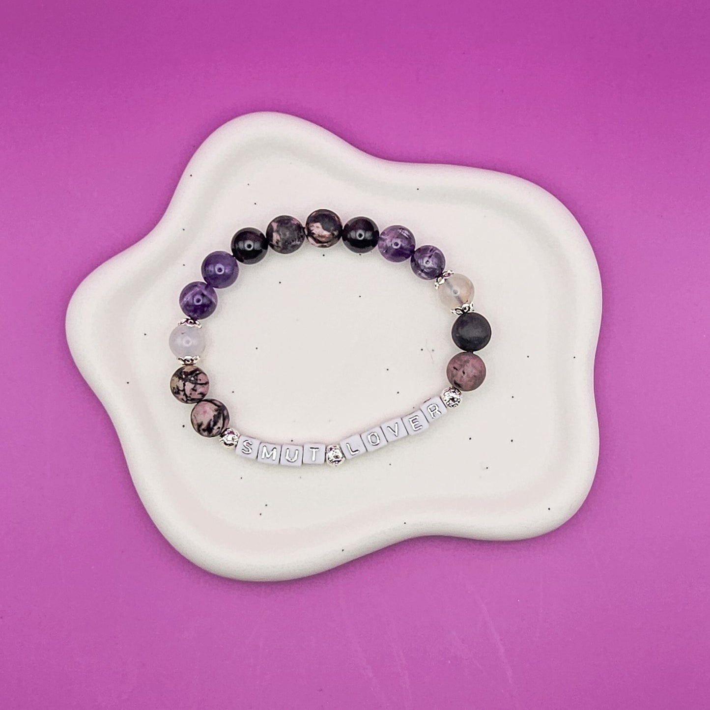 Smut Lover Gemstone Bracelet – Rhodonite, Amethyst, Flower Agate & Silver Obsidian