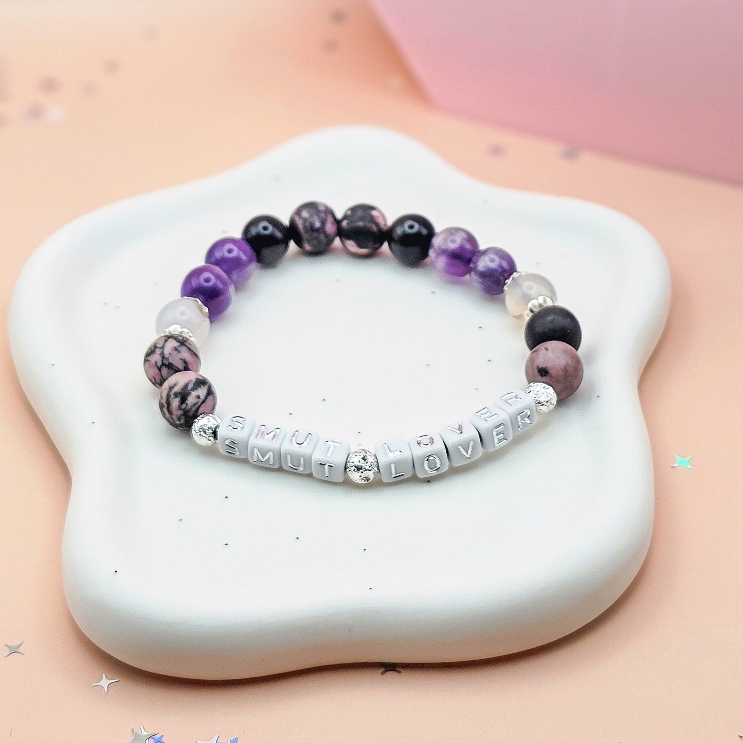 Smut Lover Gemstone Bracelet – Rhodonite, Amethyst, Flower Agate & Silver Obsidian
