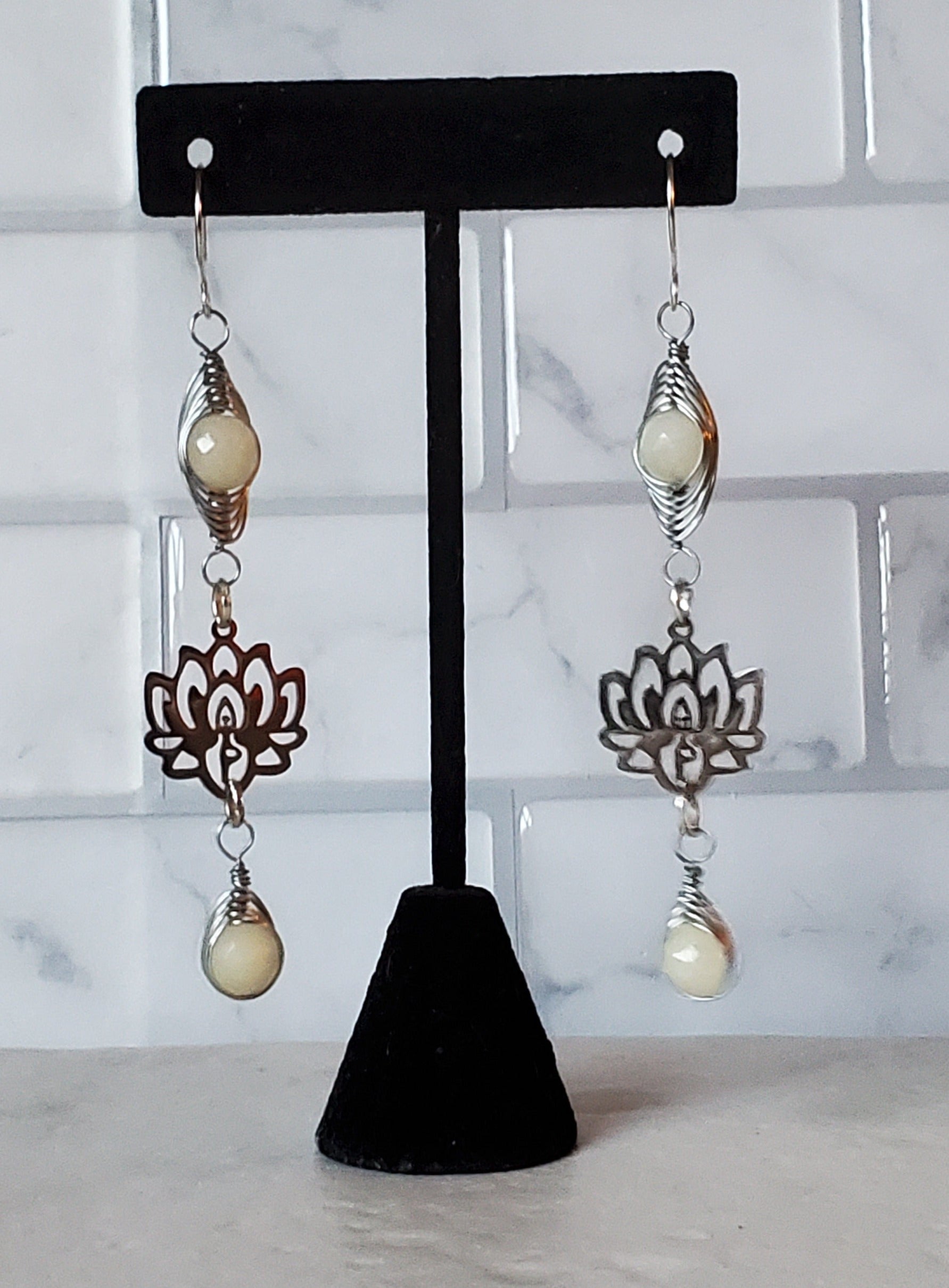 Silver Lotus earrings | Silverite quartz wire wrapped bead earrings | braceliss