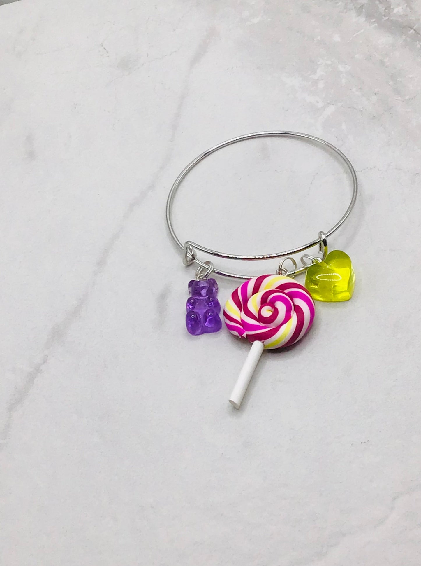 Dark pink lollipop bangle - silver adjustable charm bangle - braceliss
