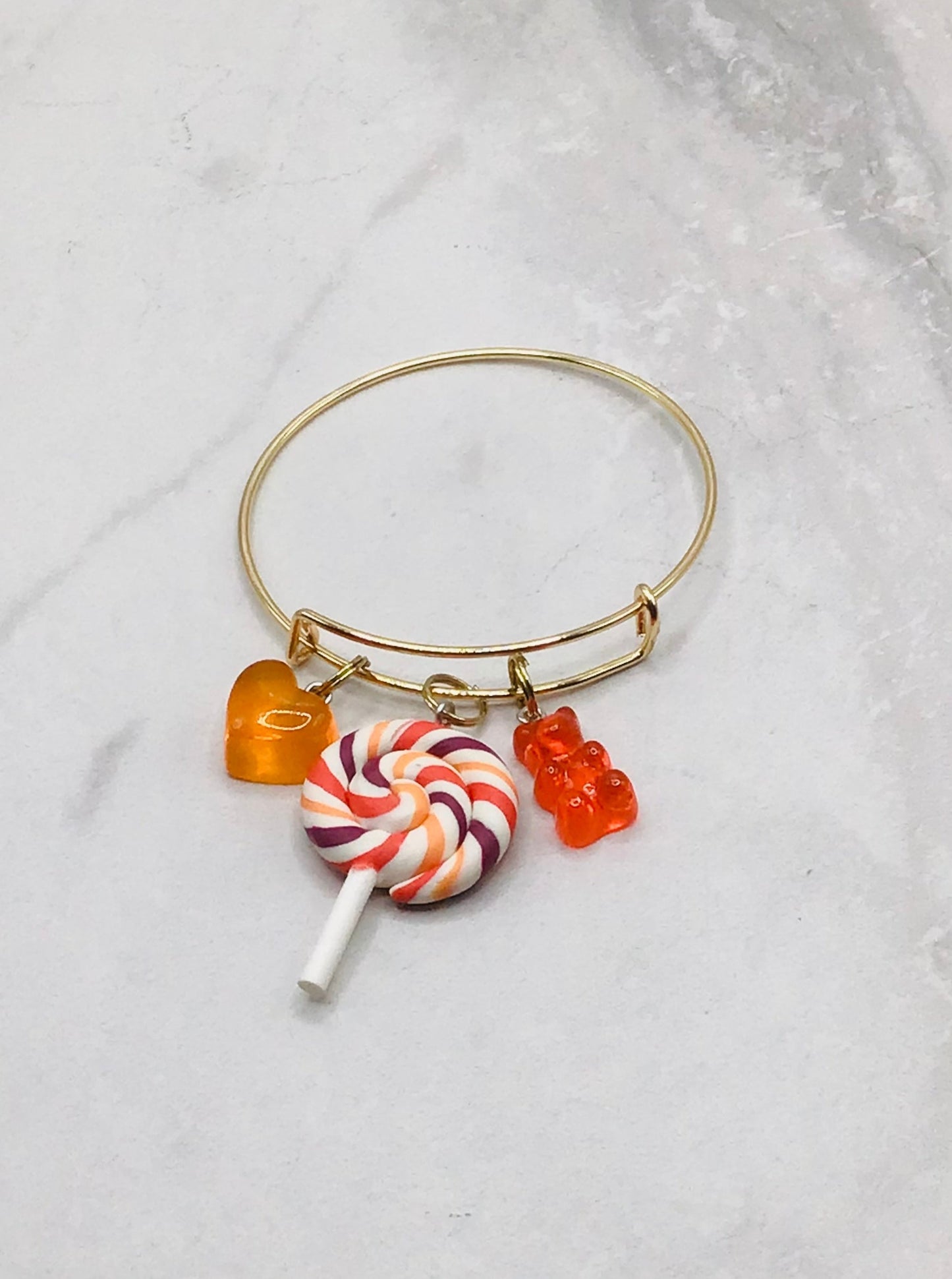 Orange & brown lollipop bangle - gold adjustable charm bangle - braceliss