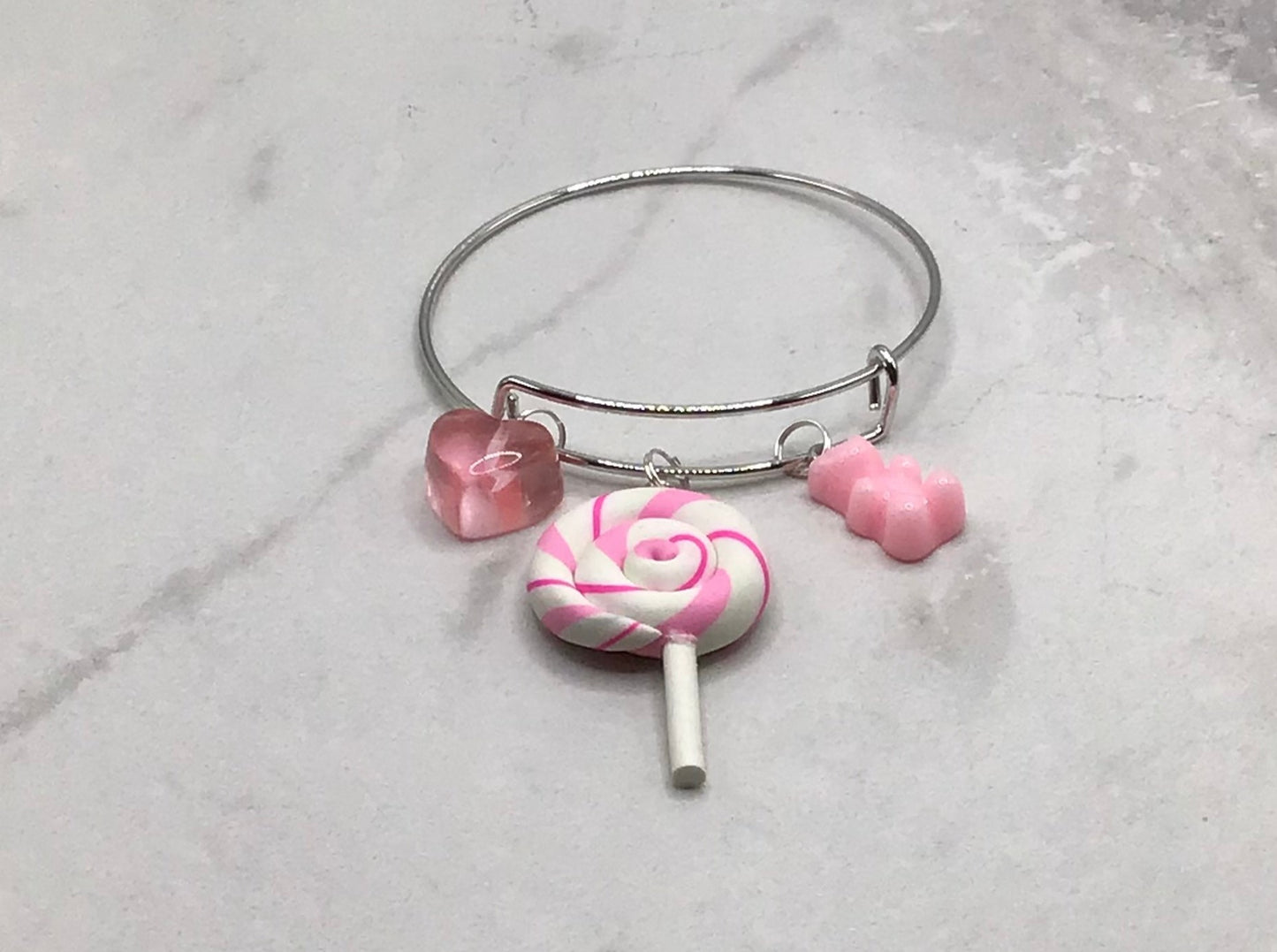 Light pink lollipop bangle - silver adjustable charm bangle - braceliss