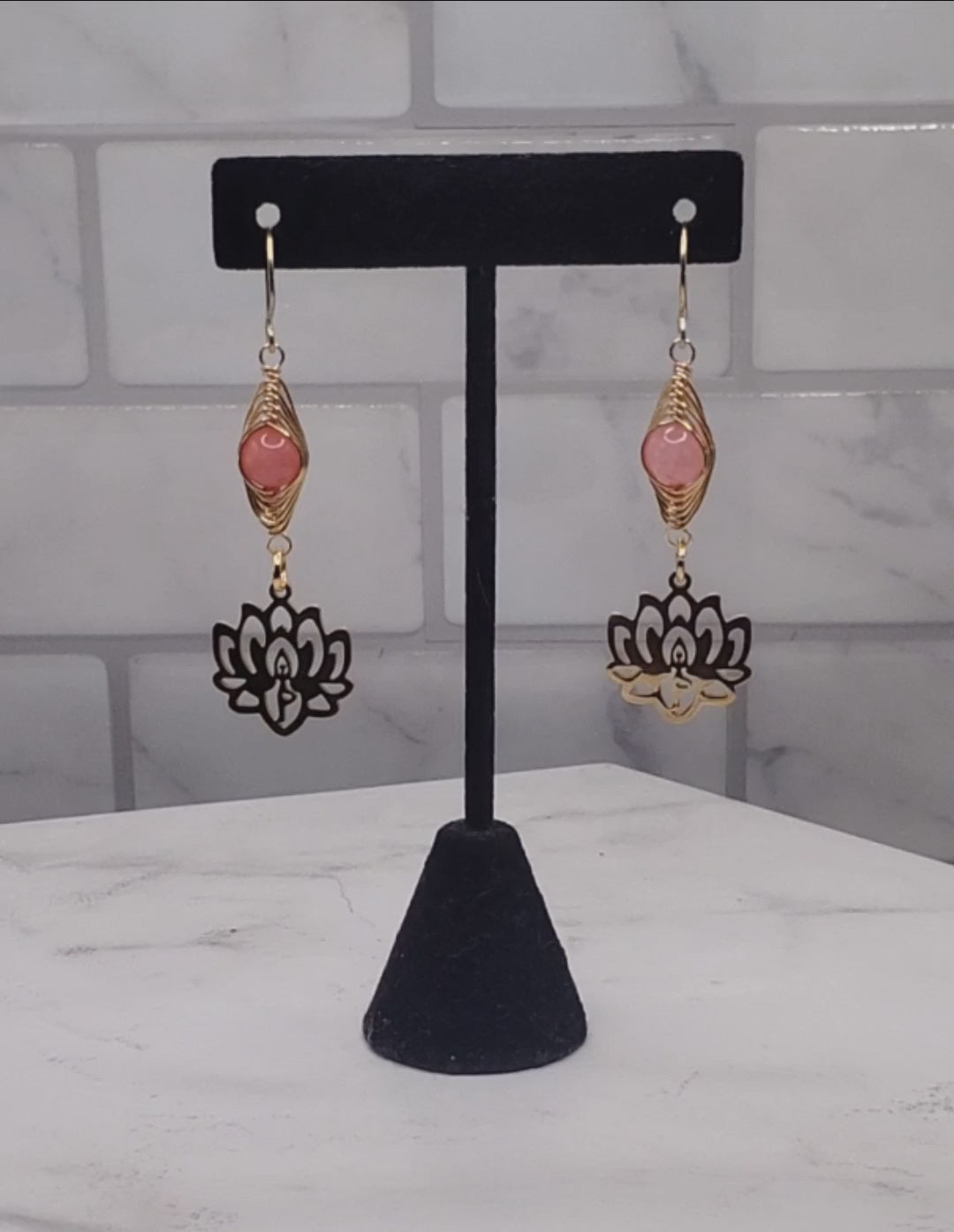 Gold Lotus earrings | Peach chalcedony wire wrapped bead earrings | braceliss