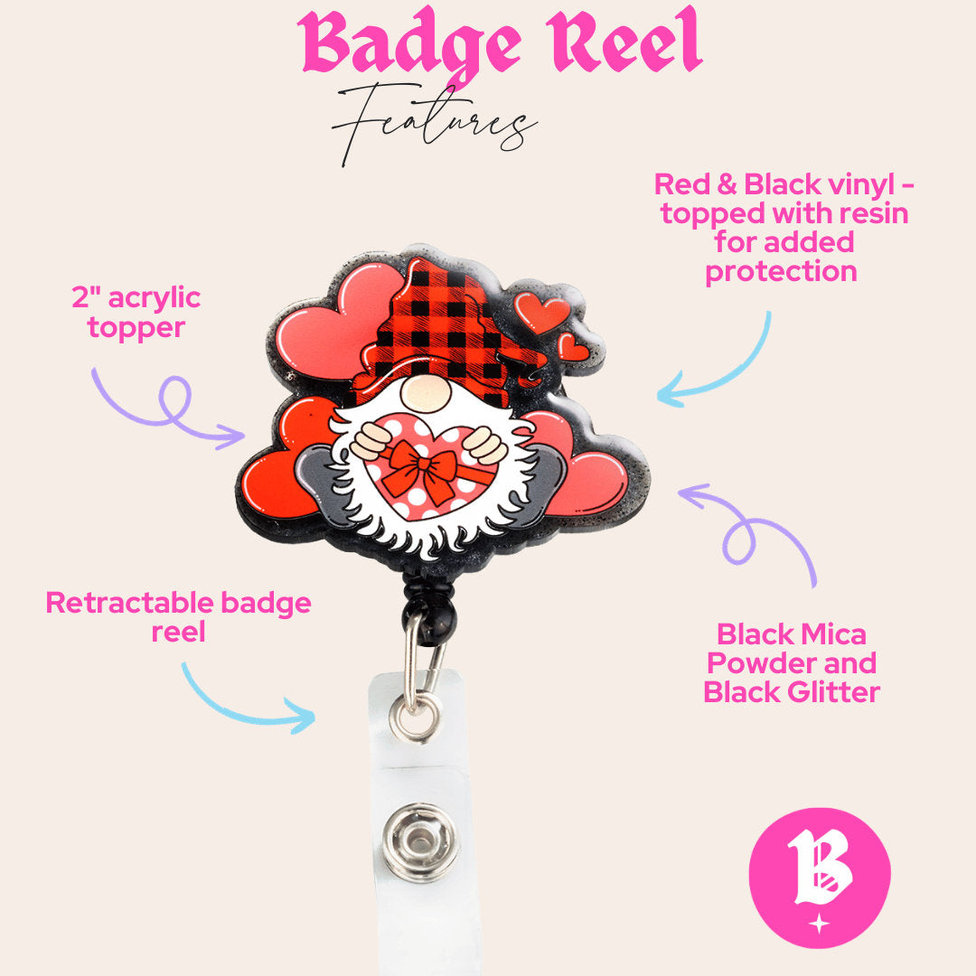 2" Red & Black Valentine Gnome Badge Reel | Retractable Medical ID Tag | Gift For Nurses, Teachers, Medical Assistants | Fun Badge Holder
