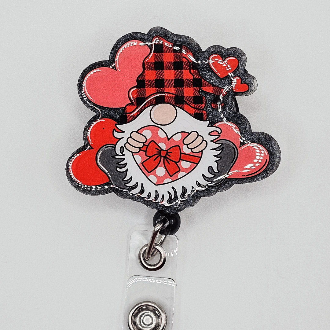 2" Red & Black Valentine Gnome Badge Reel | Retractable Medical ID Tag | Gift For Nurses, Teachers, Medical Assistants | Fun Badge Holder
