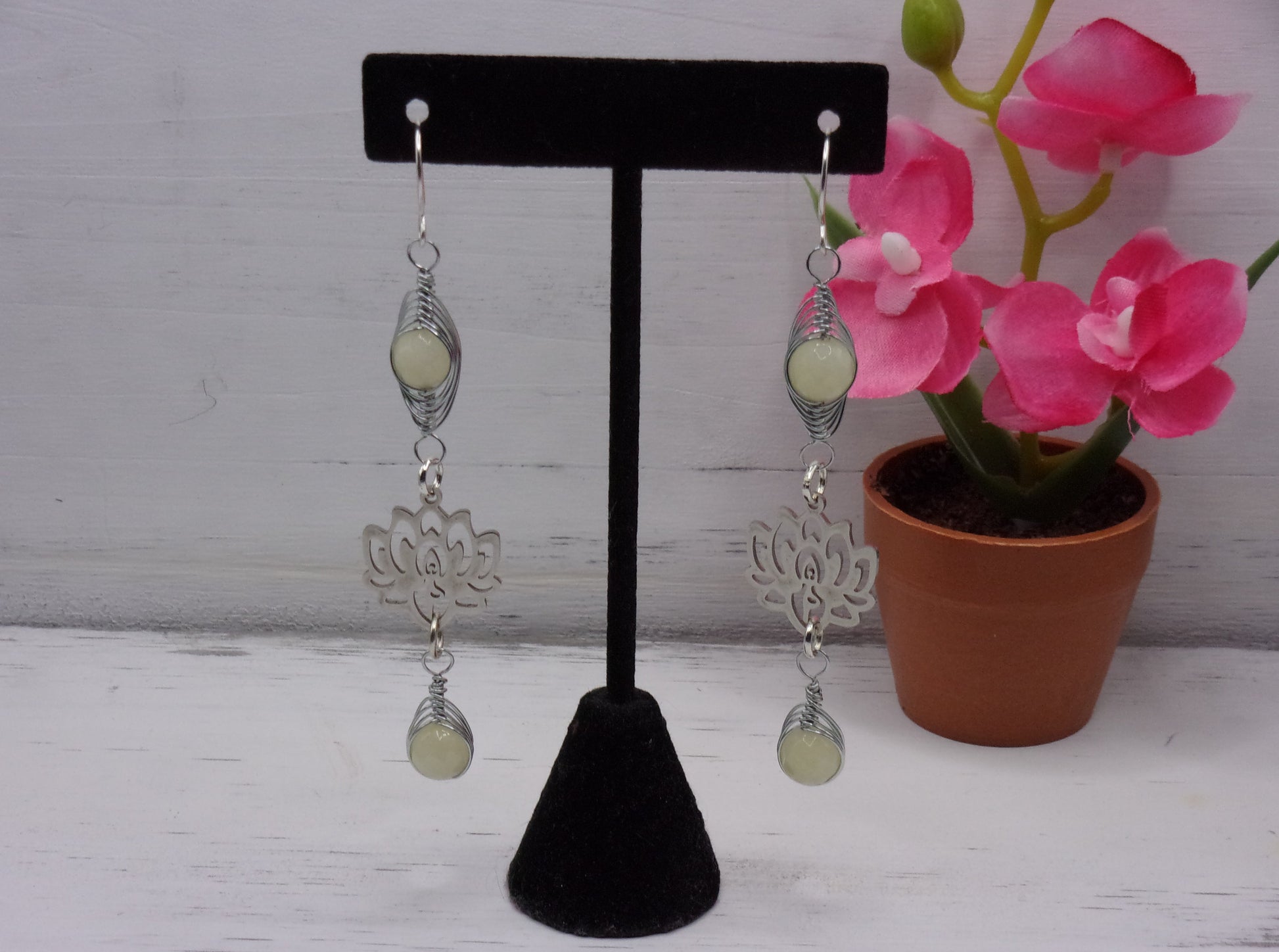 Silver Lotus earrings | Silverite quartz wire wrapped bead earrings | braceliss