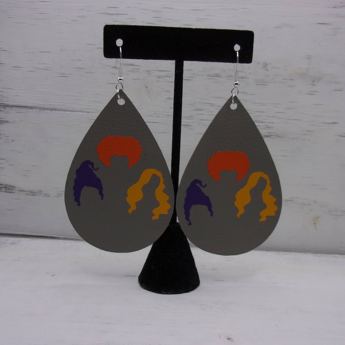 Grey faux leather earrings sanderson sisters silouhette