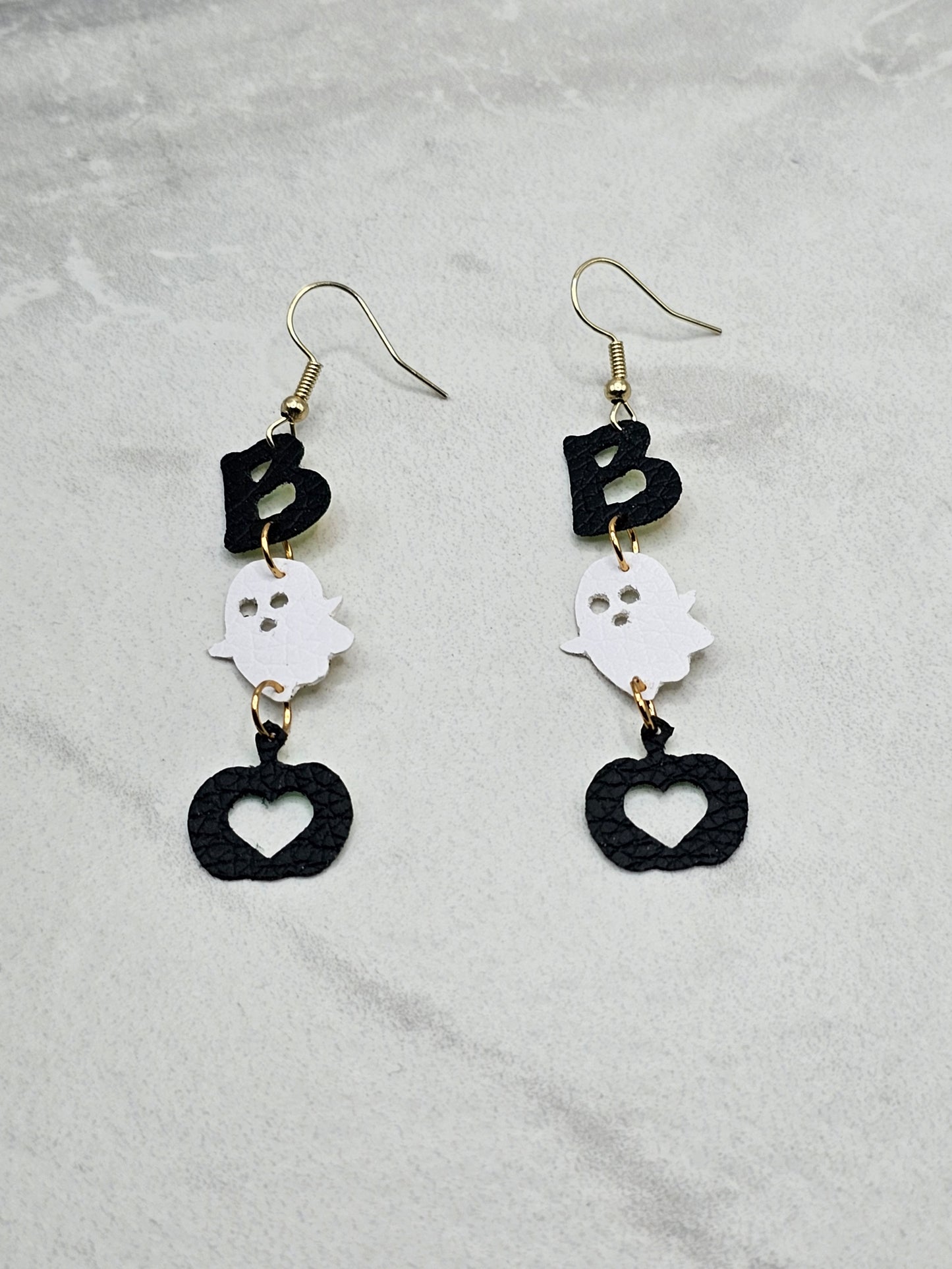 Boo Dangle Earrings - Black & White Faux Leather Halloween Earrings