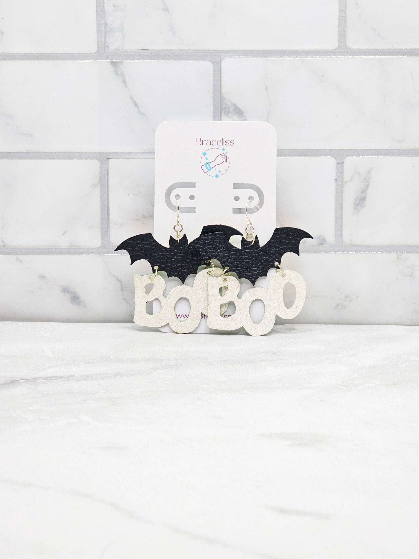 Boo Dangle Earrings - Black & White Faux Leather Halloween Earrings