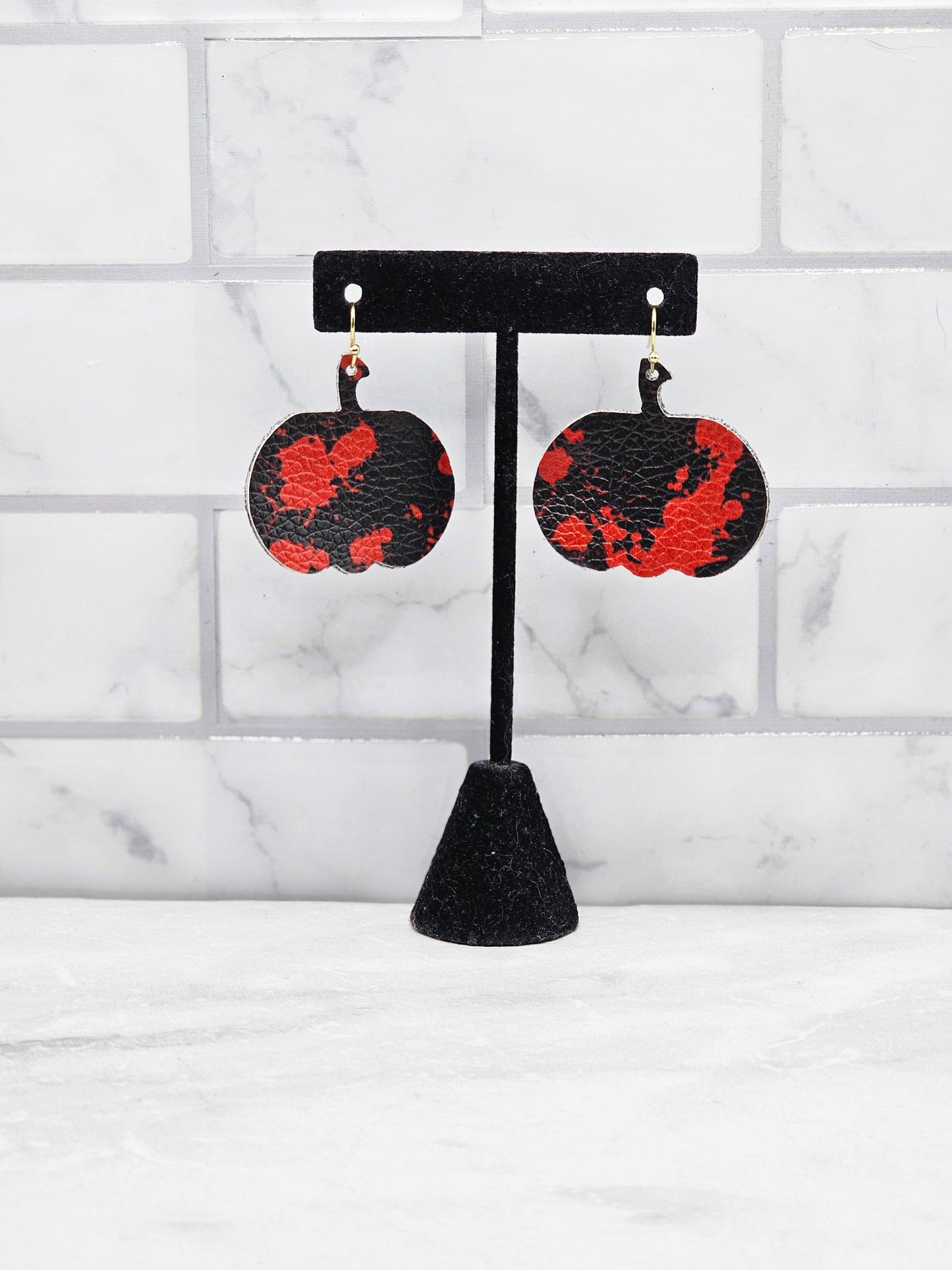 Black and Red Pumpkin Earrings - Faux Leather Halloween Earrings for Women