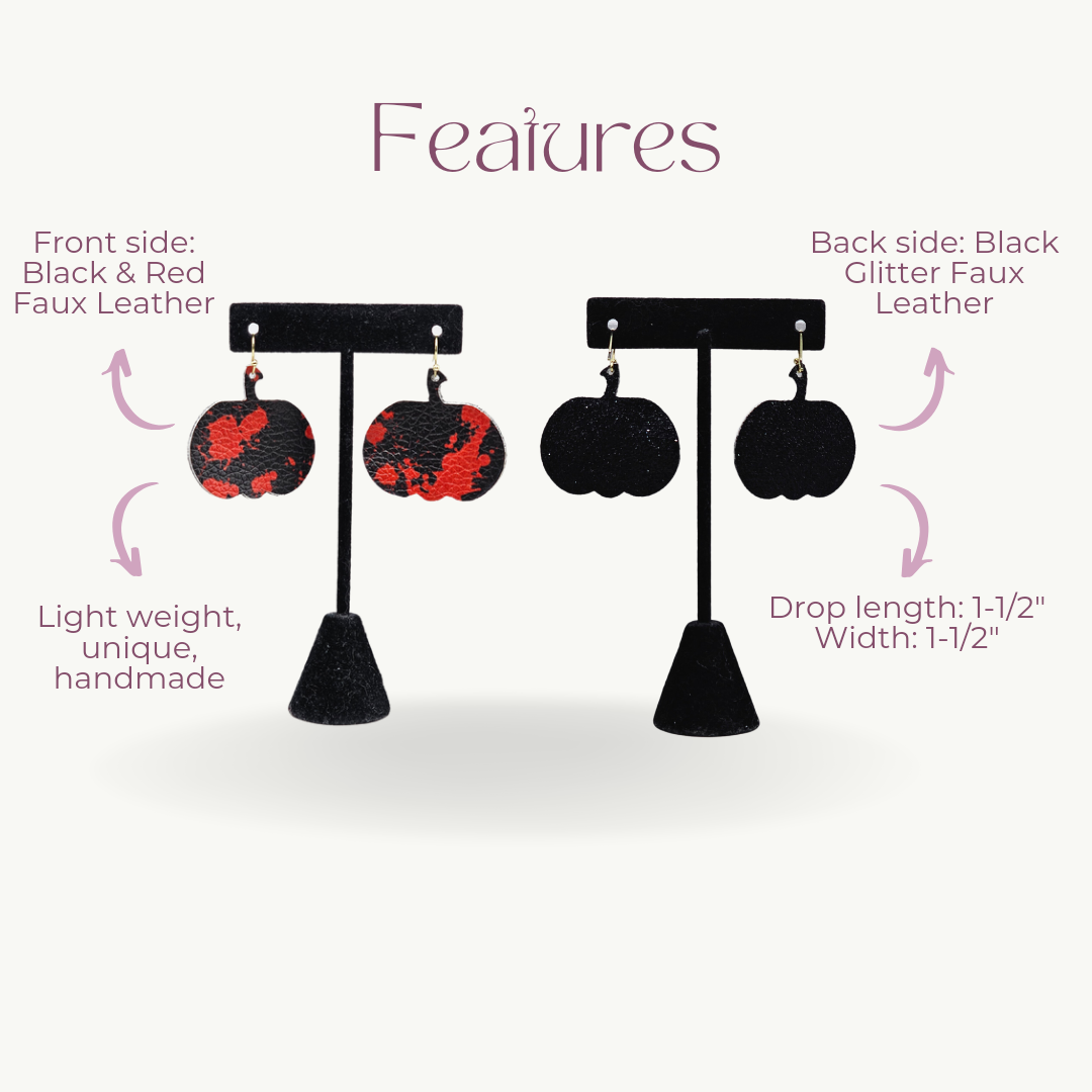 Black and Red Pumpkin Earrings - Faux Leather Halloween Earrings for Women