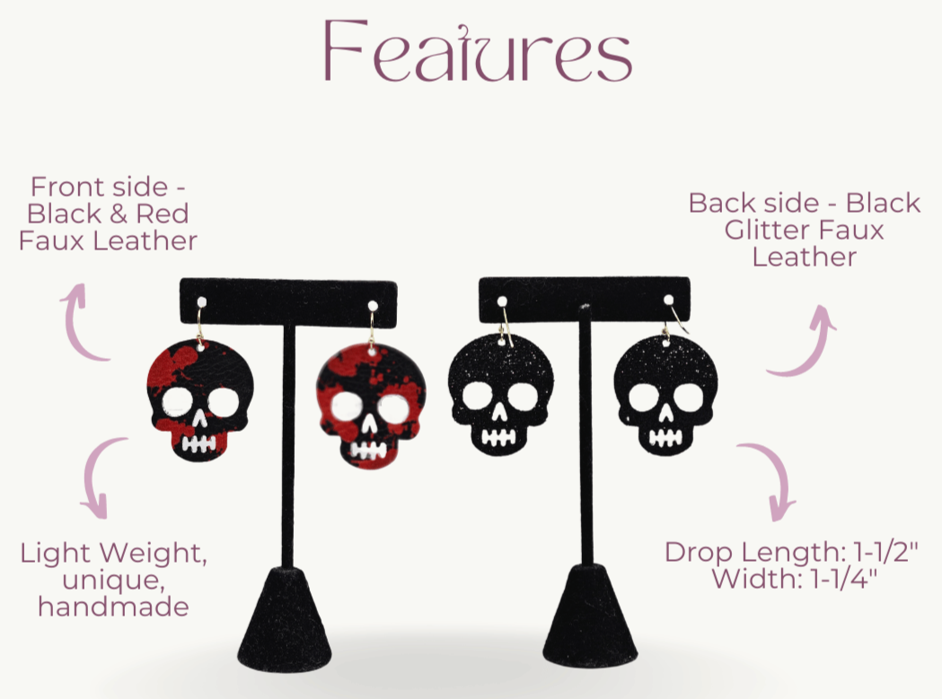 Black & red skull earrings | Faux leather halloween earrings features| Braceliss