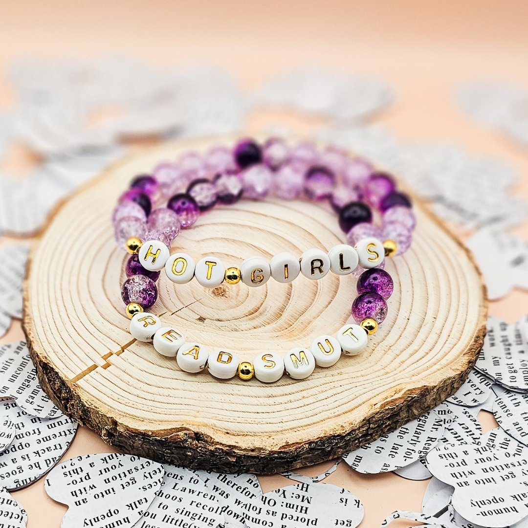 Book Lover Bracelet Set Purple Beaded Jewelry Reader Gift Collection Two Piece Design Crackle Glass Beads Gold Spacer Accents Letter Phrase Details Stretch Fit Style Bookish Accessory Perfect Present Book Club Fashion Literary Themed Gift