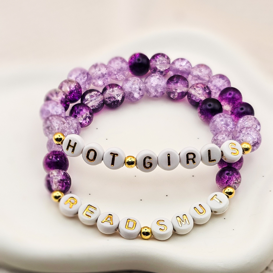 Purple Beaded Jewelry Collection Bookish Bracelet Set Reader Gift Two Piece Design Crackle Glass Beads Gold Accent Spacers Letter Phrase Details Stretch Fit Bracelet Book Lover Present Perfect Accessory Book Club Fashion Literary Themed