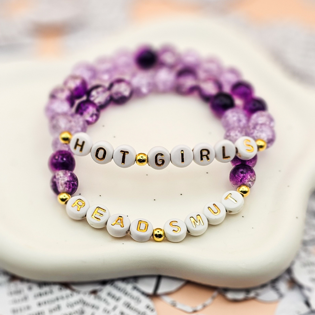 Beaded Stretch Bracelet Set Purple Reader Jewelry Book Lover Gift Two Piece Collection Crackle Glass Design Gold Plated Accents Letter Bead Phrases Perfect Bookish Present Book Club Accessory Literary Fashion Statement Bookworm Gift