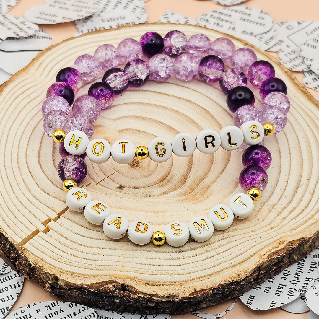 Reader Jewelry Collection Purple Bracelet Set Book Lover Gift Two Piece Beaded Design Crackle Glass Details Gold Plated Spacers Letter Bead Phrases Stretch Fit Comfort Book Club Accessory Perfect Present Literary Fashion Bookish Gift