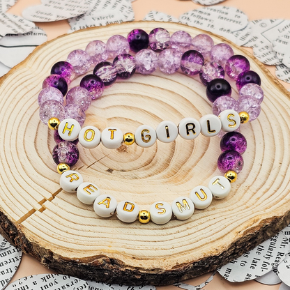 Reader Jewelry Collection Purple Bracelet Set Book Lover Gift Two Piece Beaded Design Crackle Glass Details Gold Plated Spacers Letter Bead Phrases Stretch Fit Comfort Book Club Accessory Perfect Present Literary Fashion Bookish Gift