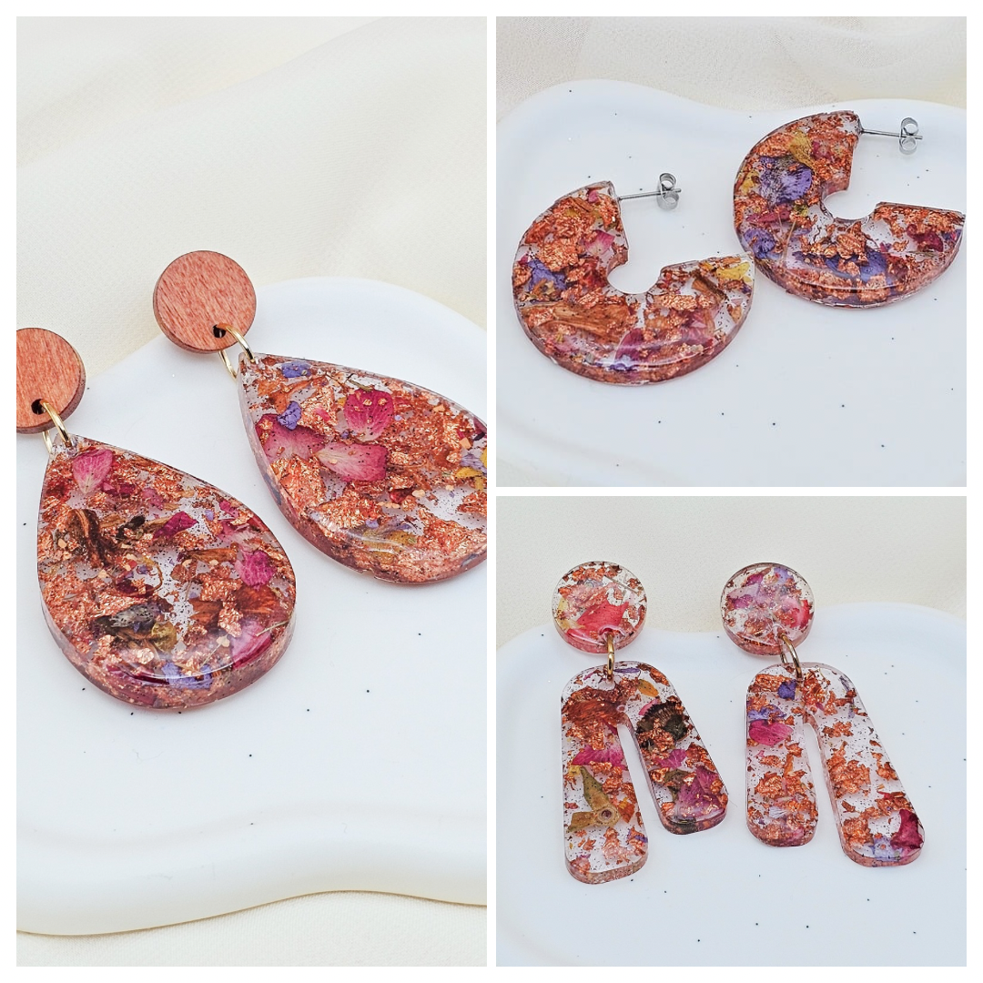 Copper Autumn Resin Floral Earrings – Dried Flower Fall Jewelry