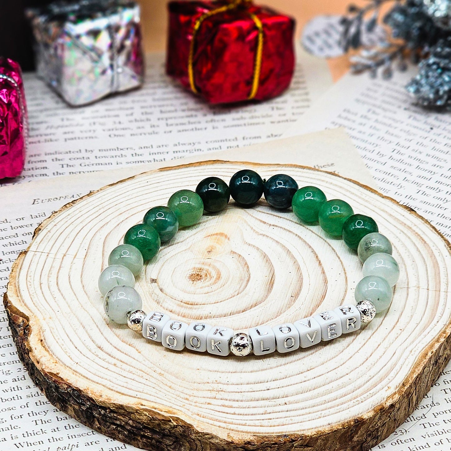Book Lover Gemstone Bracelet – Jade, Moss Agate & Green Aventurine | Handmade Bookish Jewelry