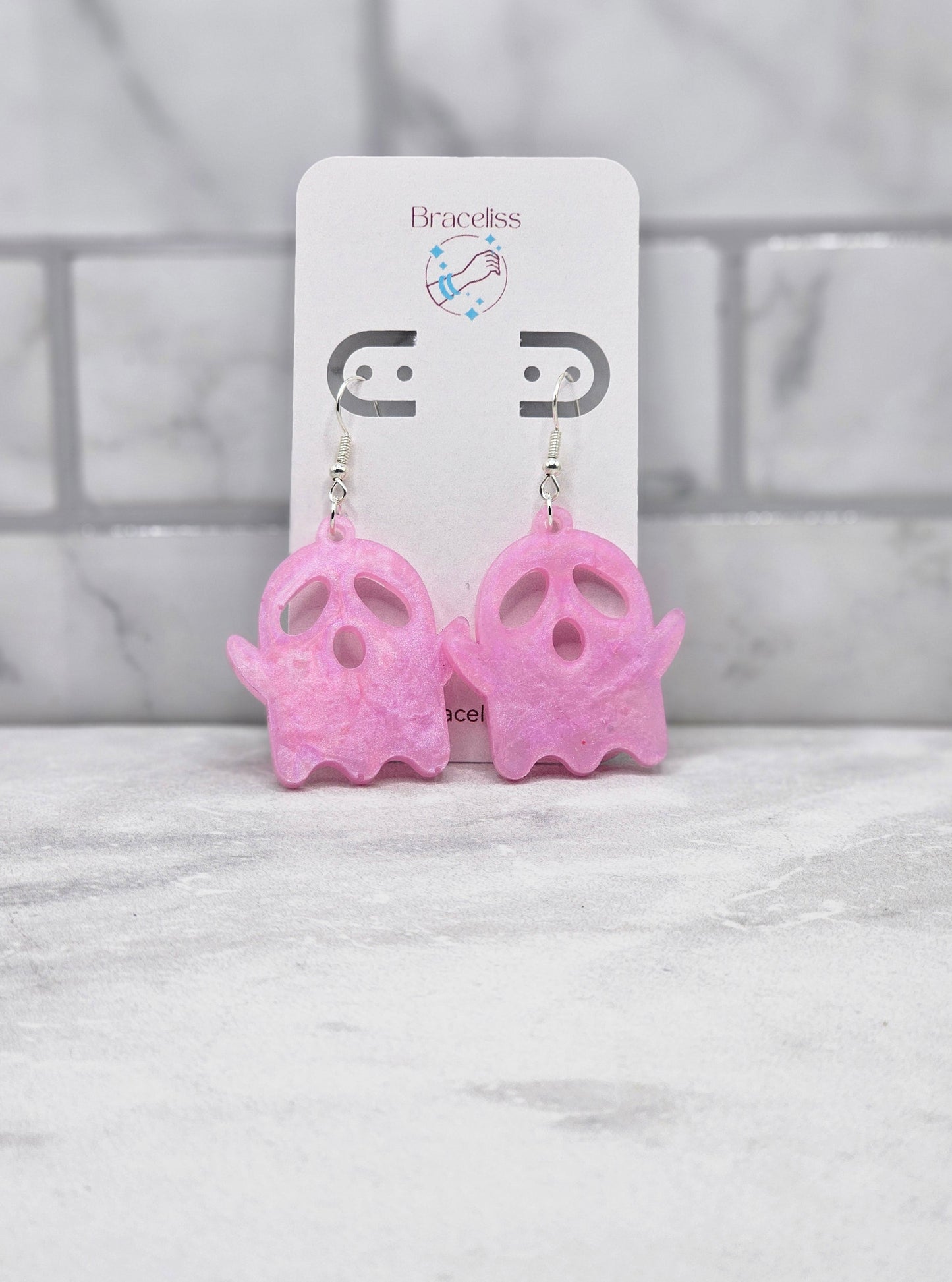 holo ghost earrings | pearl pink halloween resin earrings | Braceliss