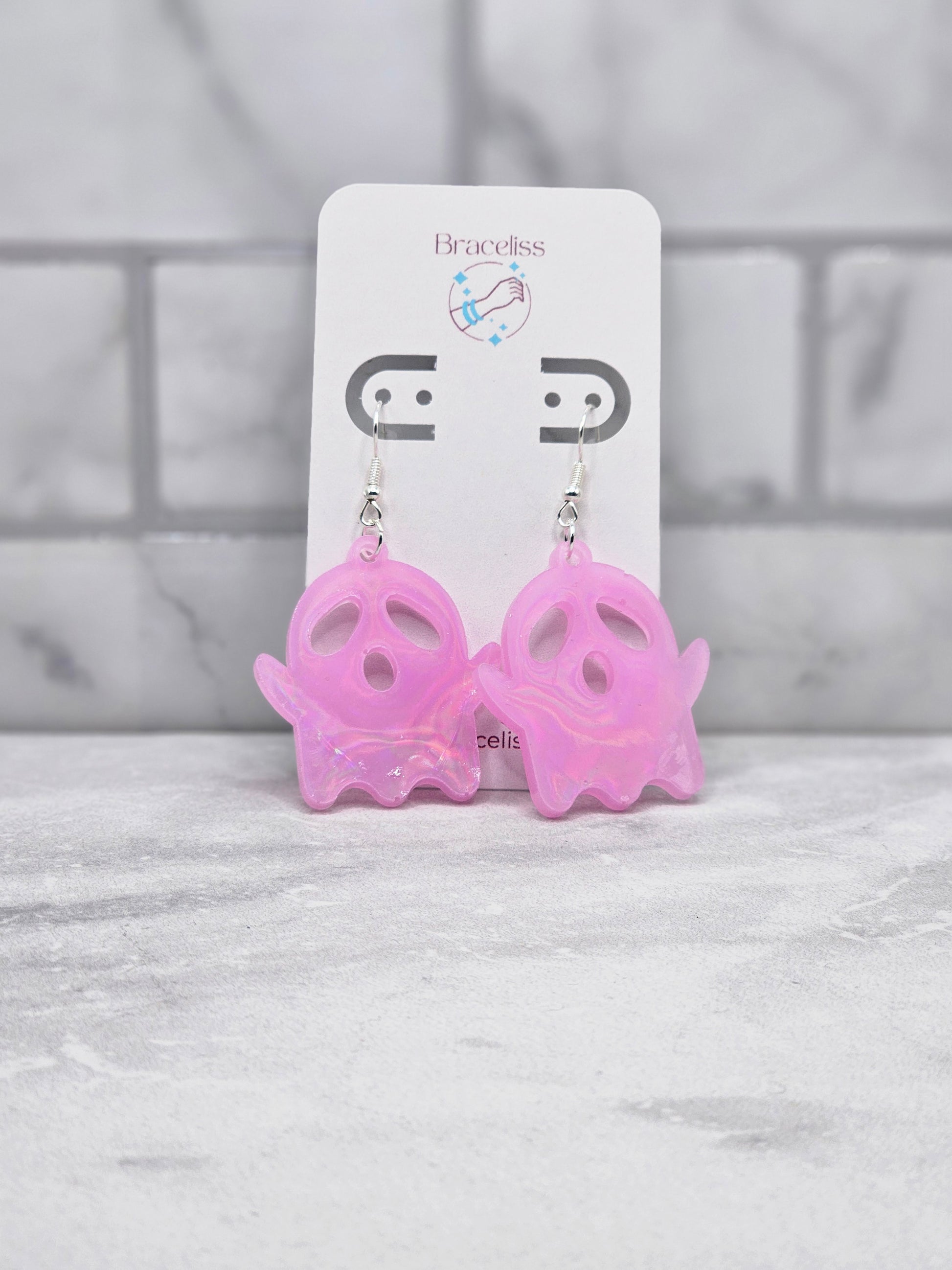 holo ghost earrings | pink halloween resin earrings | Braceliss