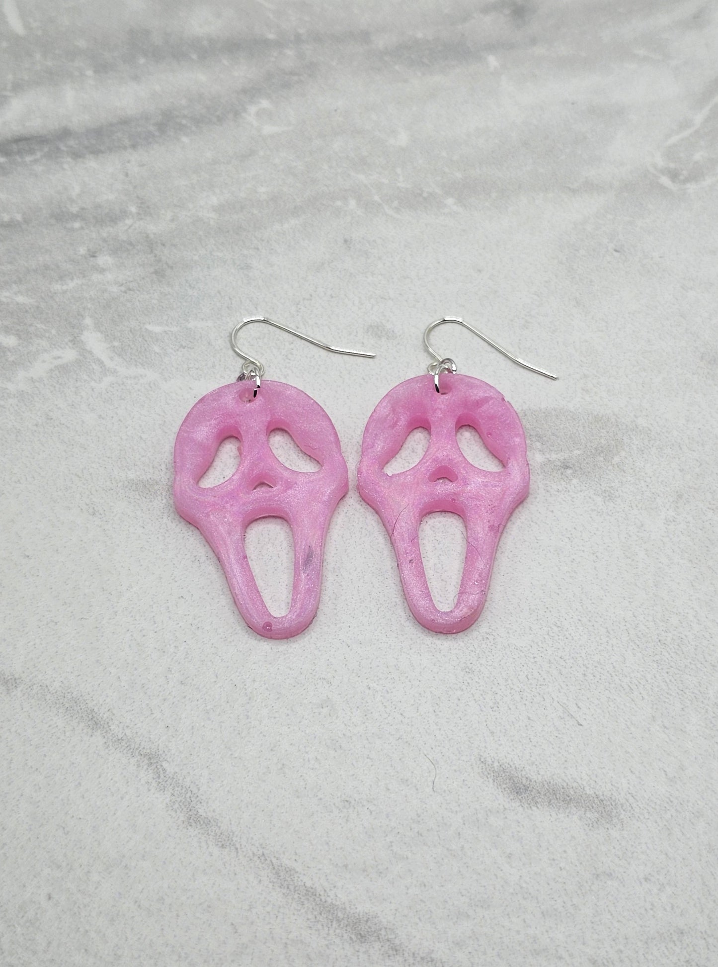 holo ghost horror face | pink resin halloween earrings | braceliss