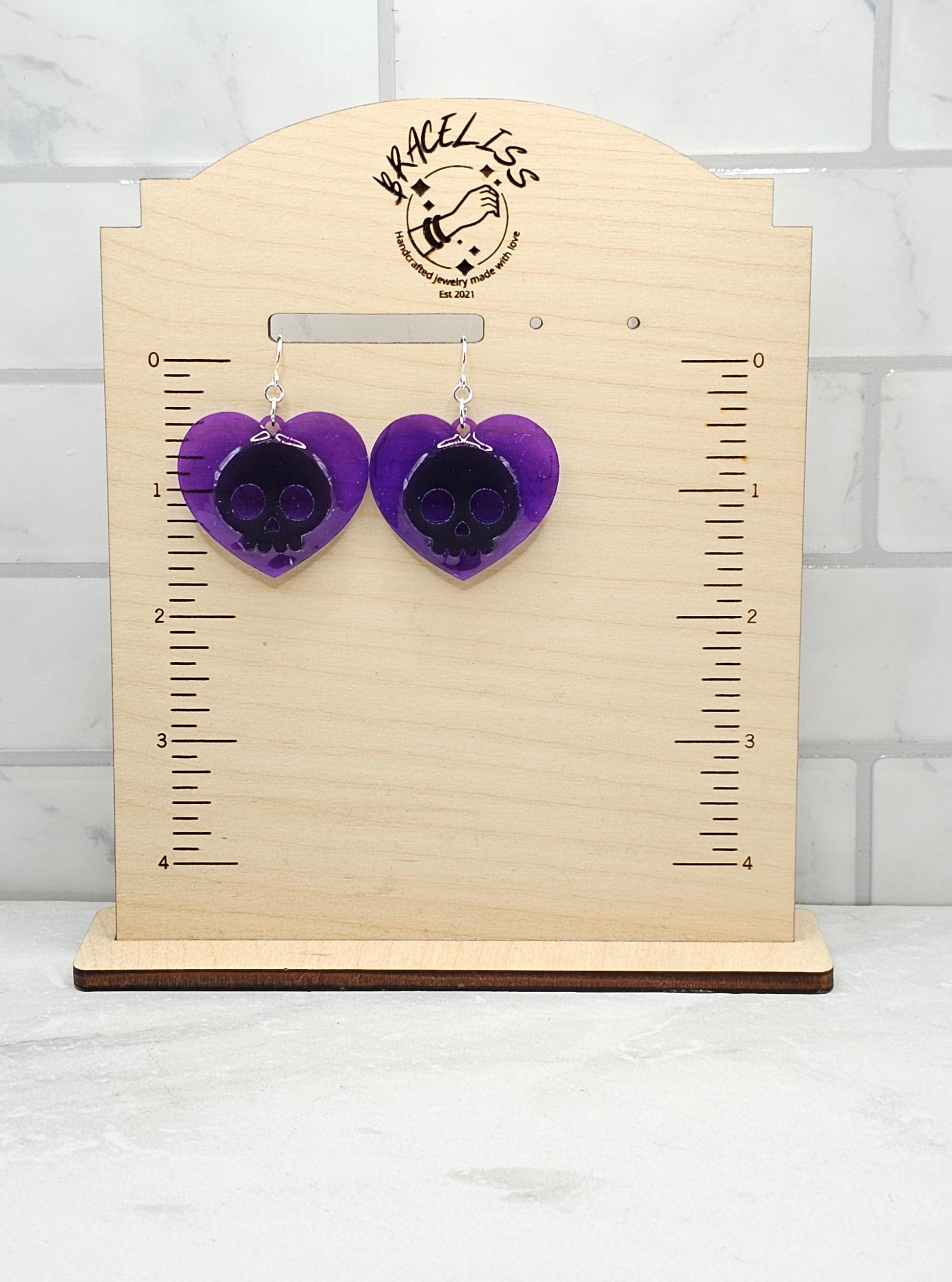holo skull heart earrings | purple heart with black skull | braceliss