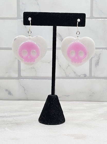 Holo skull heart earrings | White heart with pink skull | Braceliss