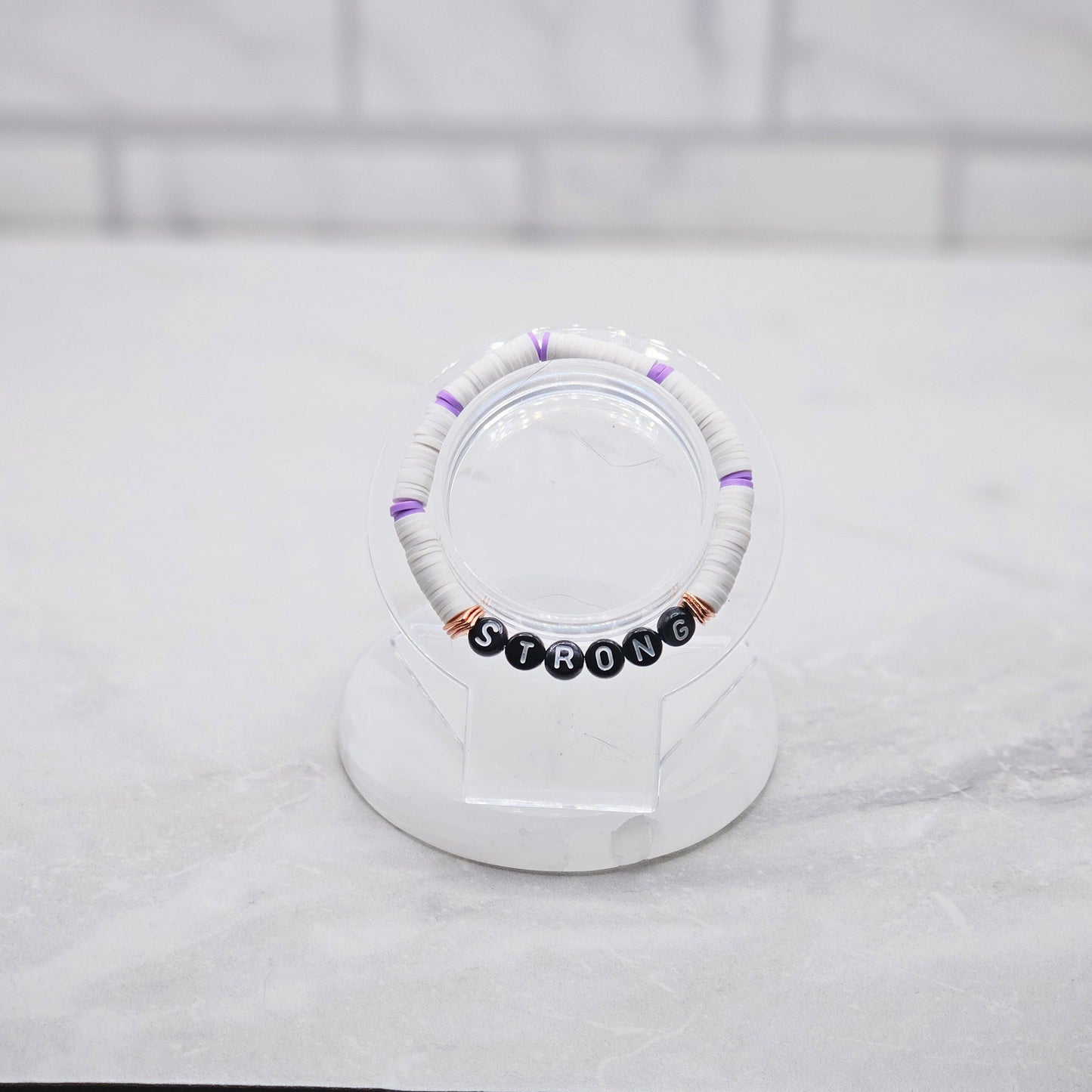 strong affirmation bracelet - white & purple beaded word bracelet - braceliss