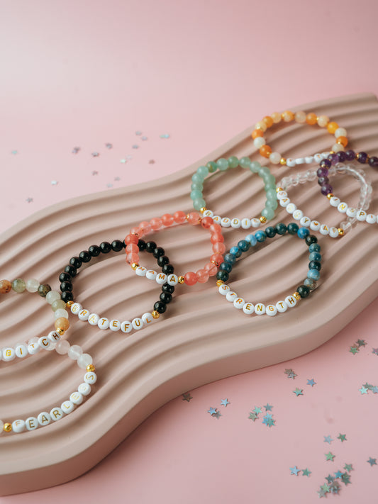 Custom Word Gemstone Bracelet |Rose Quartz, Amethyst, Apatite, Obsidian, Green Aventurine, Garden Quartz, Clear Quartz, Cherry Quartz, Topaz