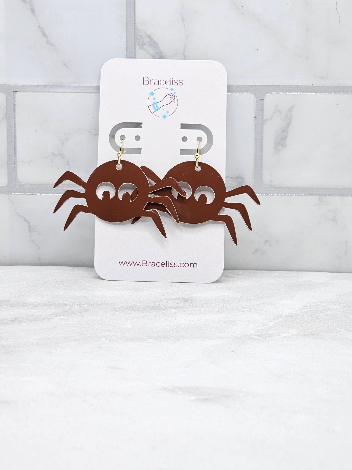 Brown Spider Earrings - Faux Leather Halloween Earrings