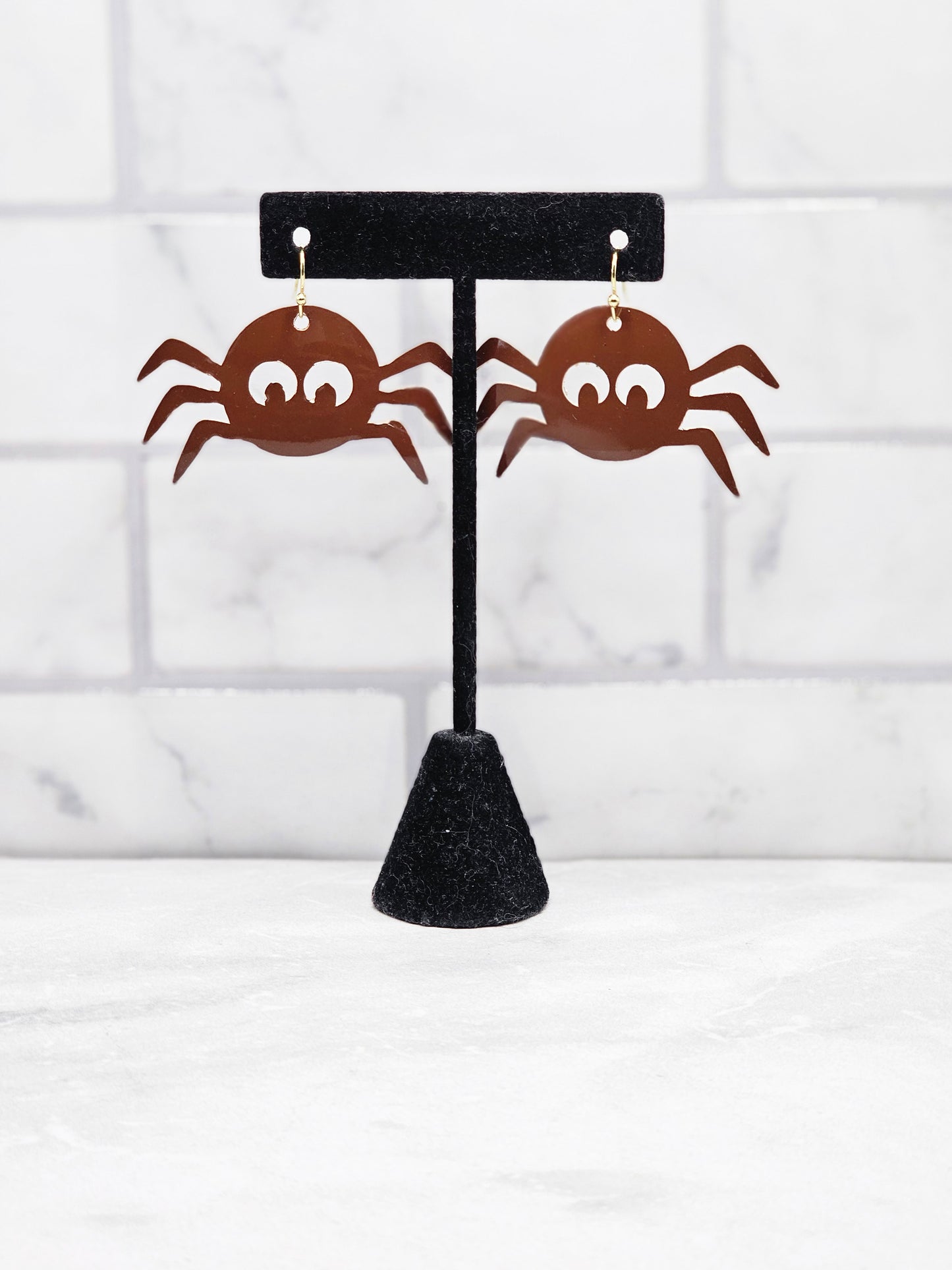 Brown Spider Earrings - Faux Leather Halloween Earrings