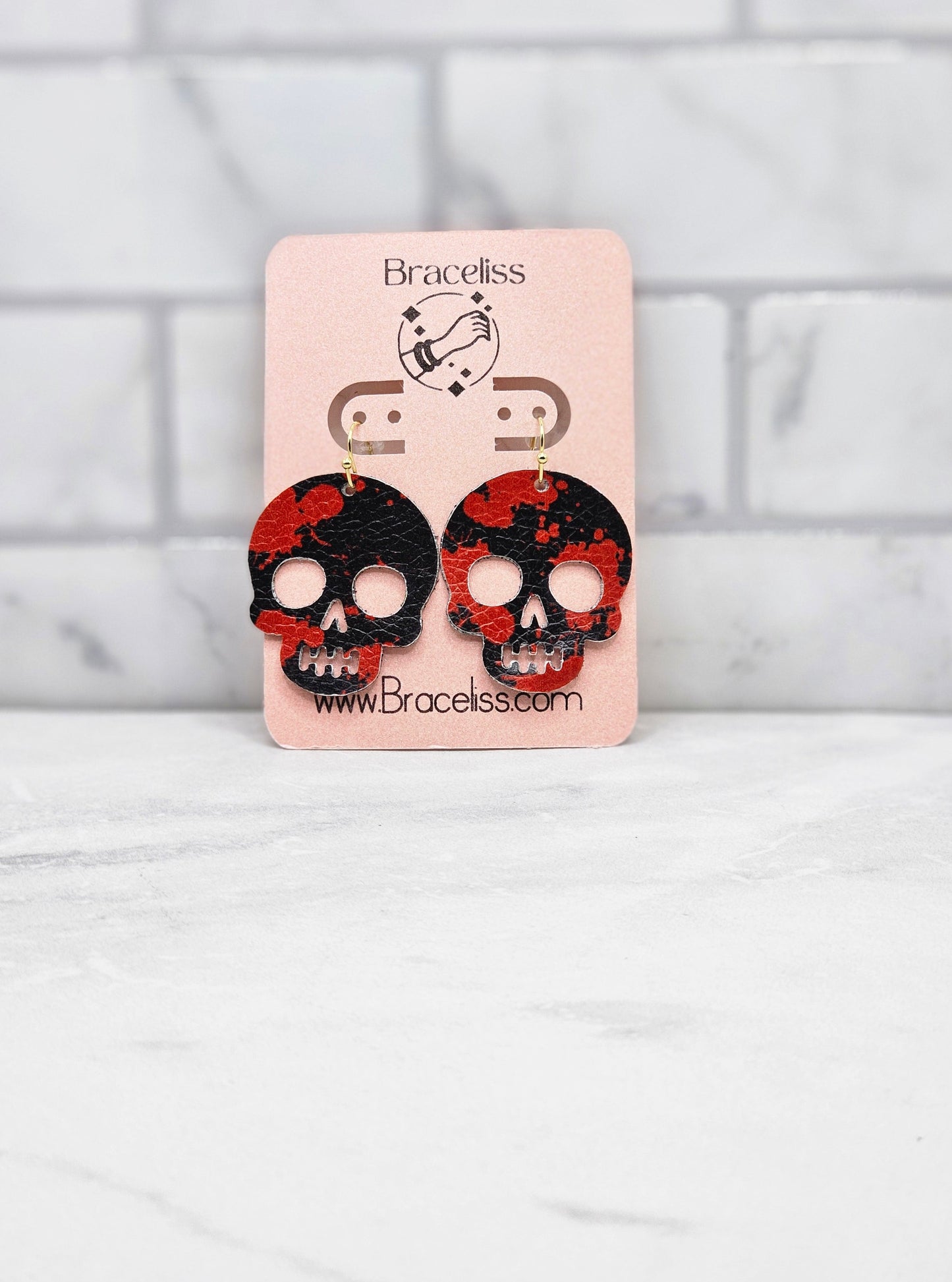 Black & red skull earrings | Faux leather halloween earrings | Braceliss