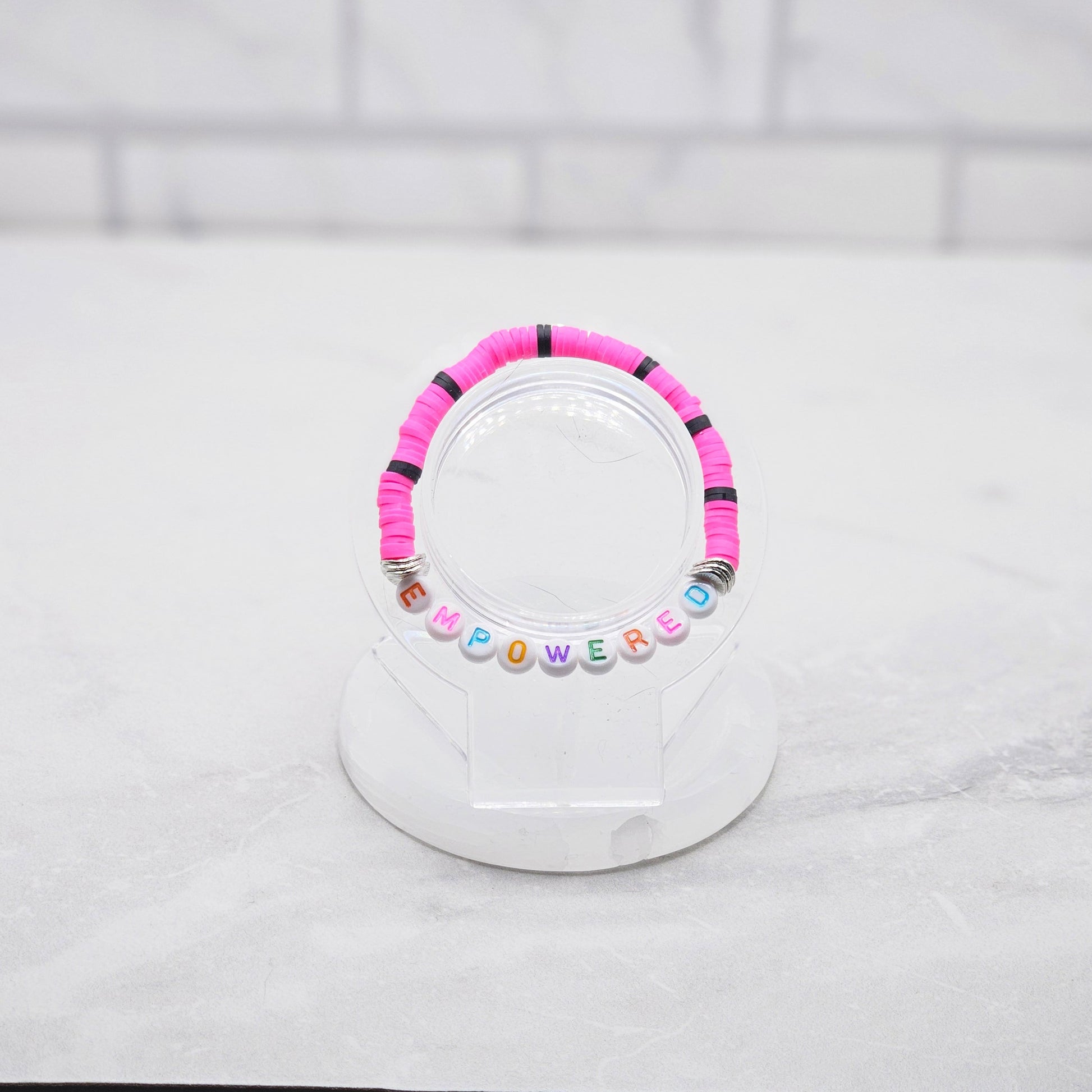 empowered affirmation bracelet - pink & black beaded word bracelet - braceliss