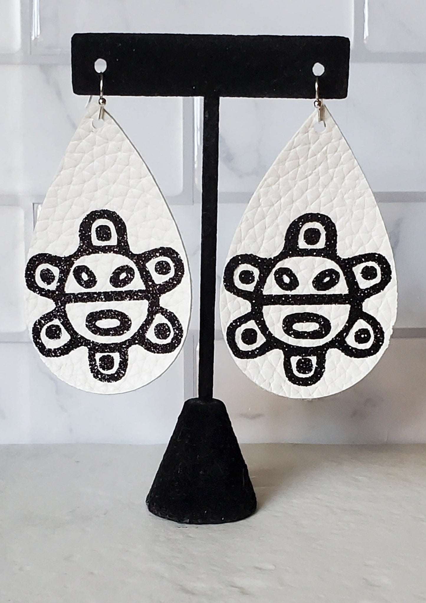 Taino Sun Earrings - White Faux Leather Earrings - Braceliss