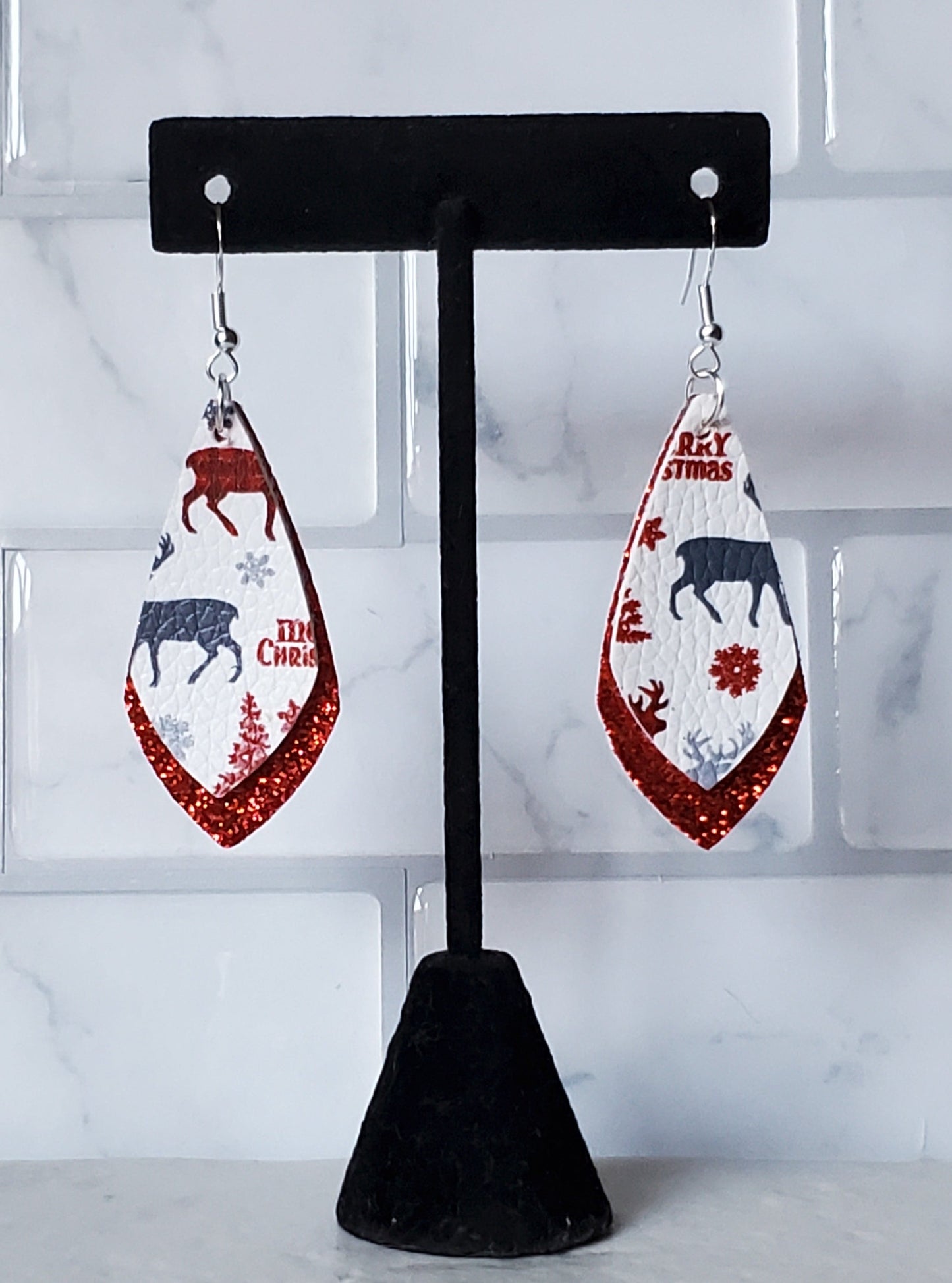 Deermas Earrings - White & Red Layered Faux Leather Earrings - Braceliss