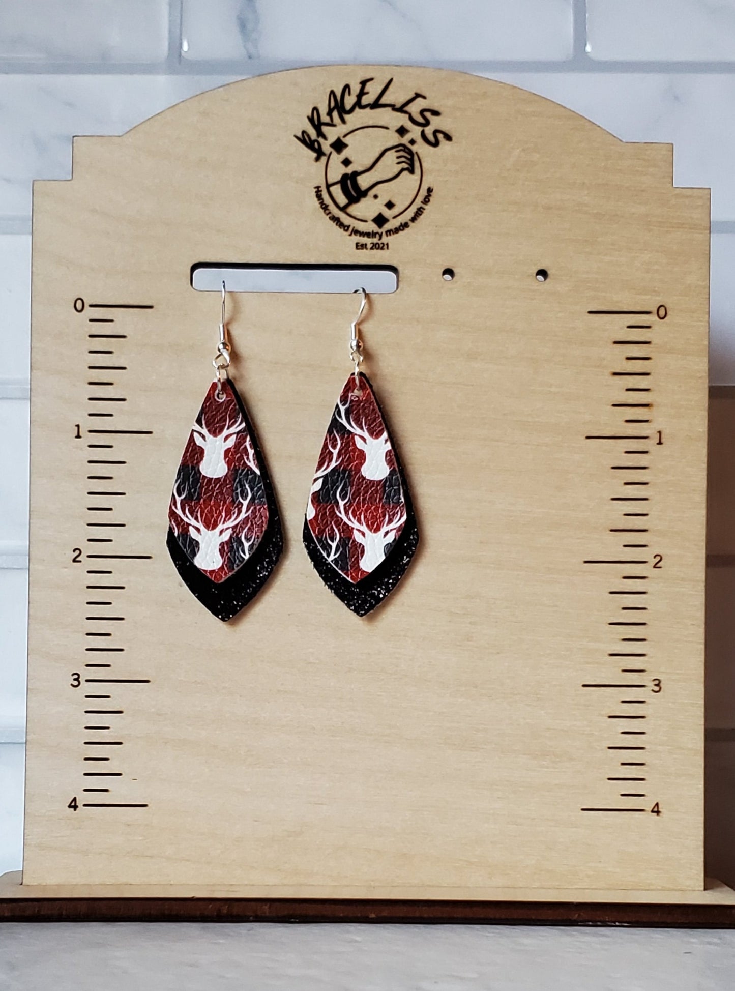 Reindeer Plaid Earrings - layered faux leather earrings - braceliss