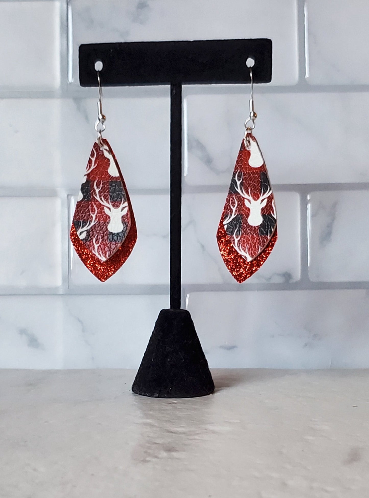 Reindeer Plaid Earrings - layered faux leather earrings - braceliss