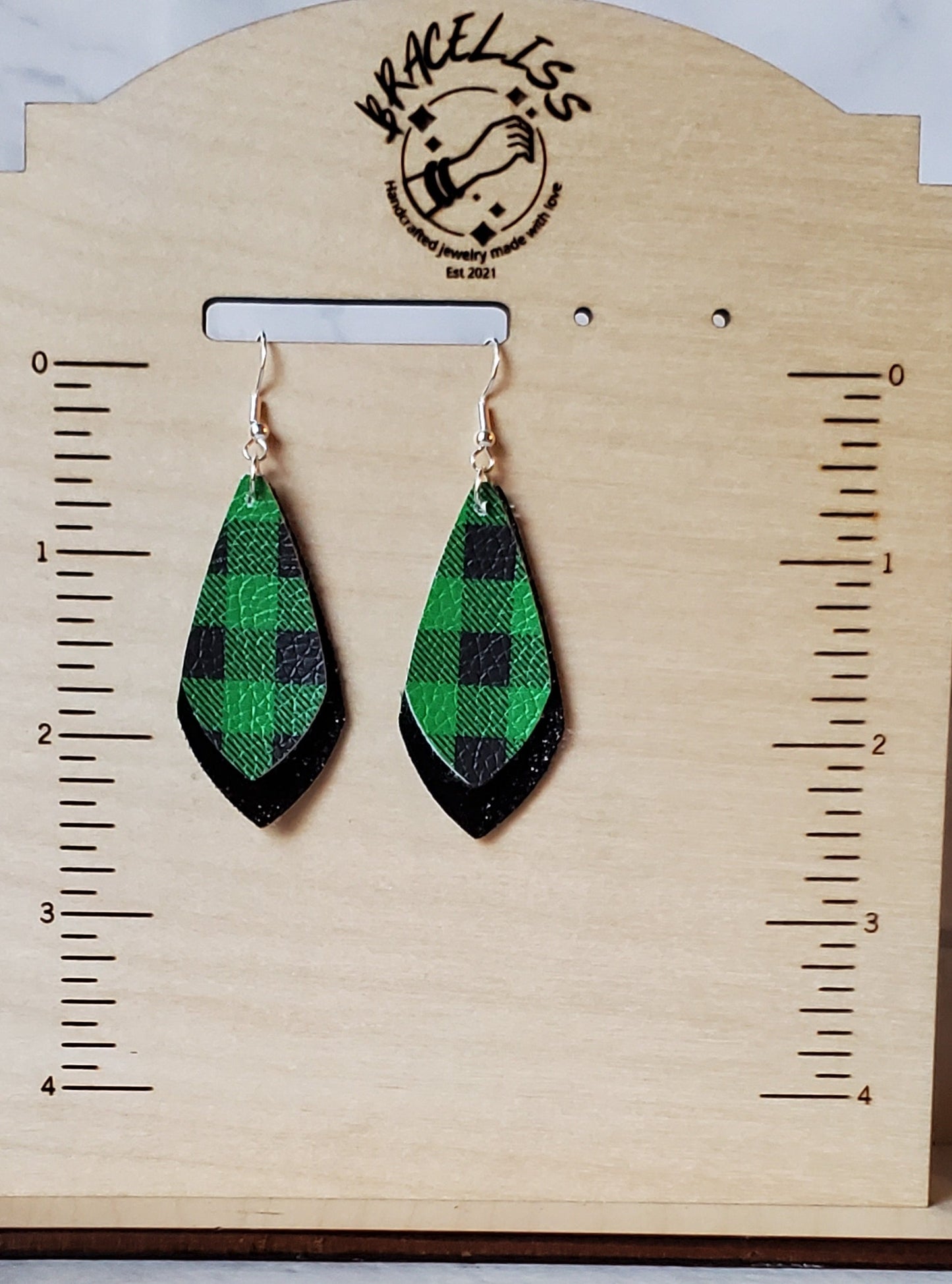 Green Buffalo Plaid Earrings - layered faux leather earrings - braceliss