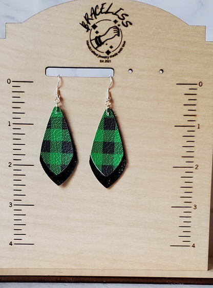 Green Buffalo Plaid Earrings - layered faux leather earrings - braceliss