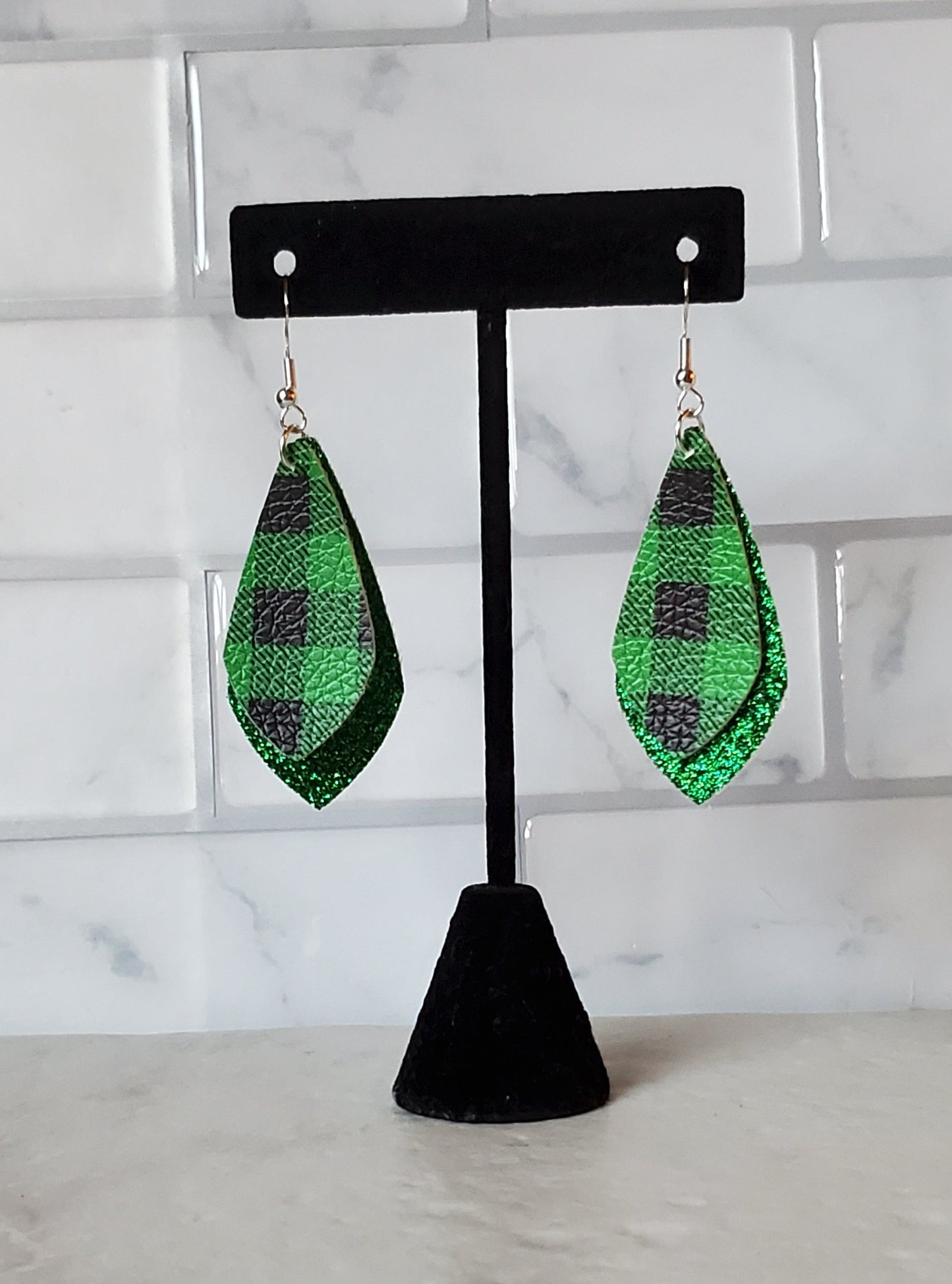 Green Buffalo Plaid Earrings - layered faux leather earrings - braceliss