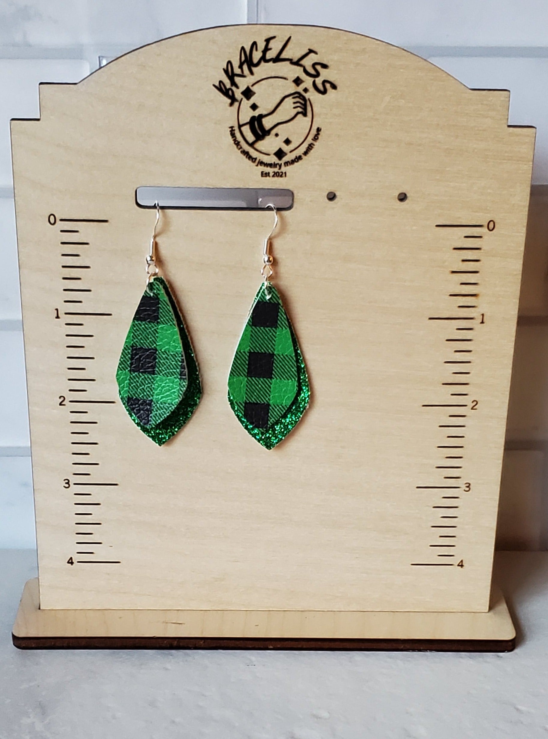 Green Buffalo Plaid Earrings - layered faux leather earrings - braceliss