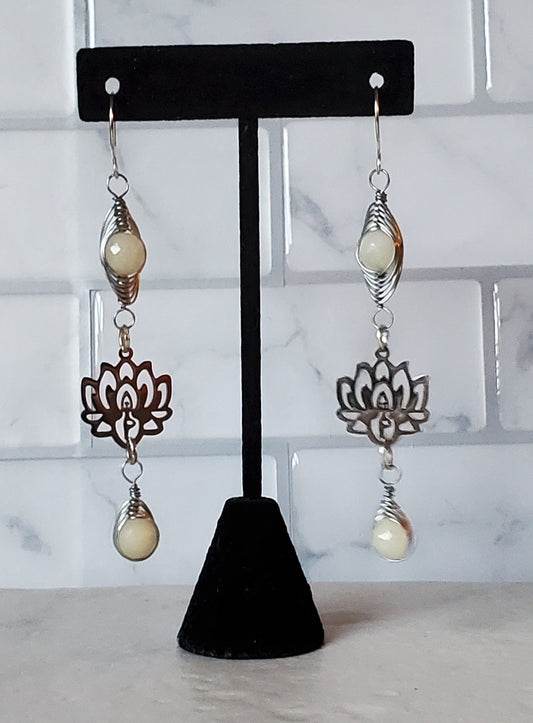 Silver Lotus earrings | Silverite quartz wire wrapped bead earrings | braceliss 